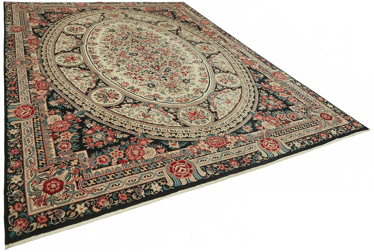 Vamave Lacivert Bej Halı Çiçek Desenli Uşak Dokuma 272x378 cm – genel görünüm