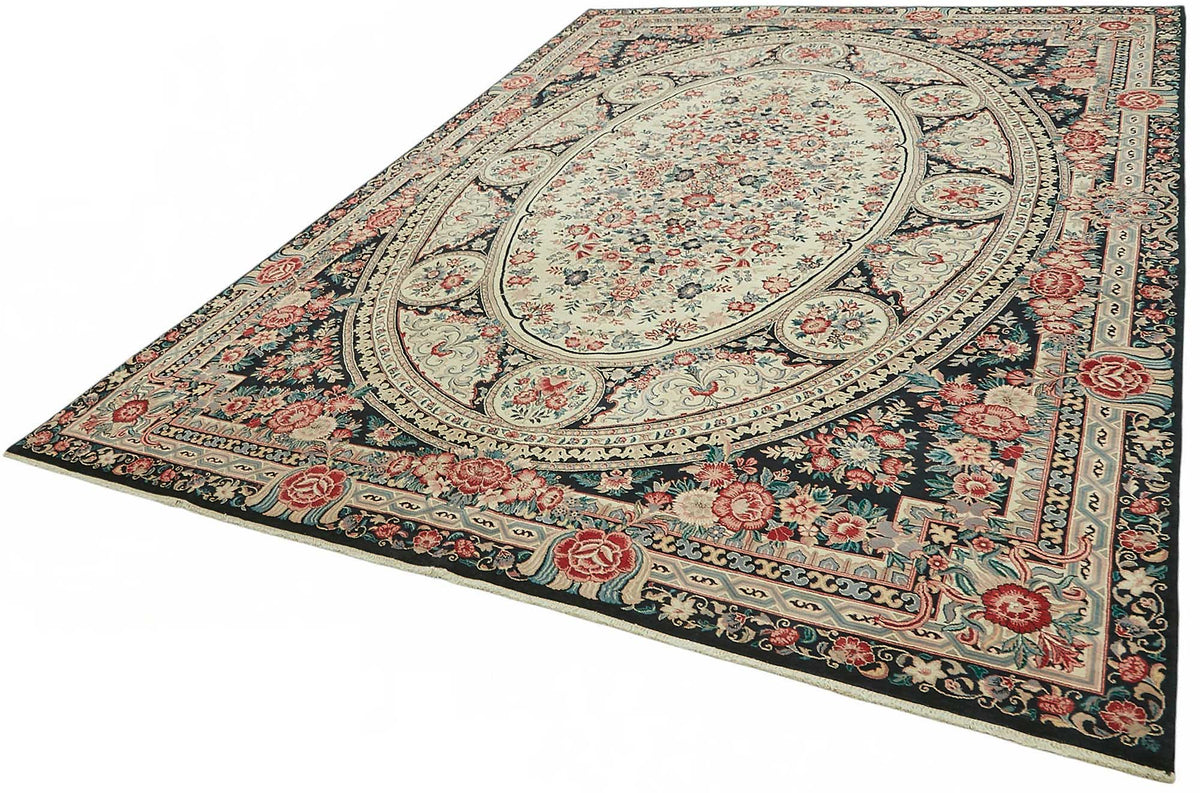 Vamave Lacivert Bej Halı Çiçek Desenli Uşak Dokuma 272x378 cm – doku yakın çekim