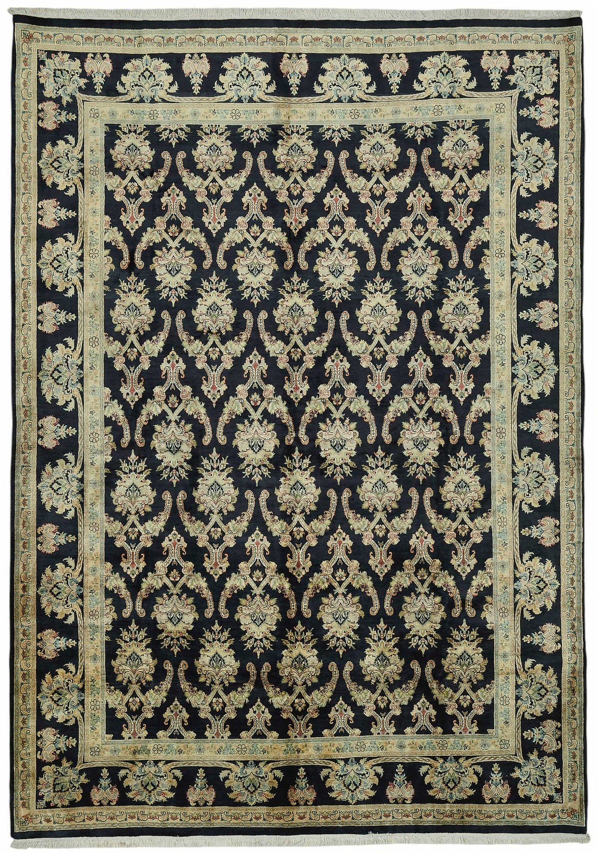 Vamave Uşak Halı Lacivert Bej Çiçek Desenli El Dokuması 256x373 cm