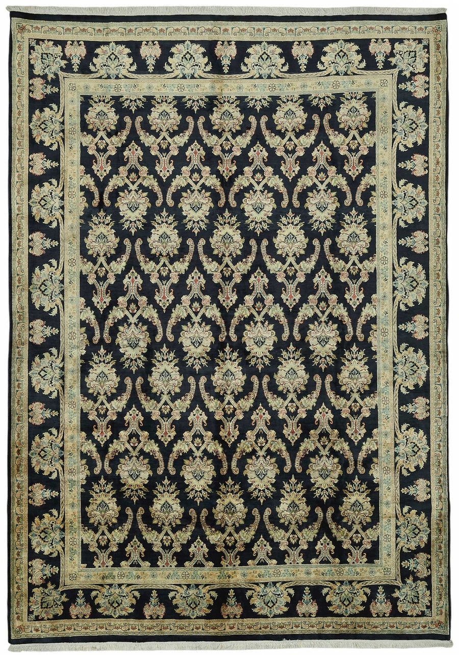 Vamave Uşak Halı Lacivert Bej Çiçek Desenli El Dokuması 256x373 cm