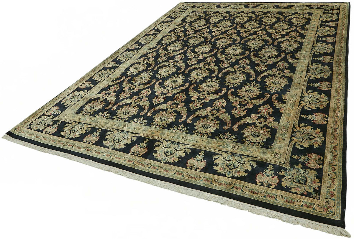 Vamave Uşak Halı Lacivert Bej Çiçek Desenli El Dokuması 256x373 cm – doku yakın çekim