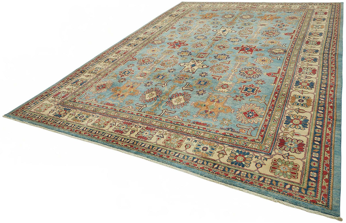Vamave Geometrik Desenli Turkuaz ve Bej Uşak Halı 304x425 cm 49183 – doku yakın çekim