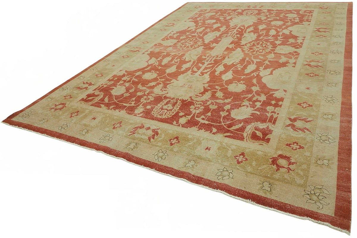 Vamave Uşak Kırmızı Çiçek Desenli Yün Pamuk El Dokuma Halı 300x442 cm – doku yakın çekim