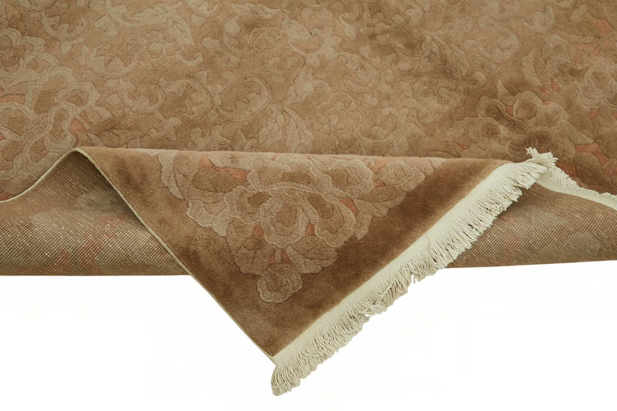 Vamave Vintage Uşak Halısı Bej Kahverengi Çiçekli El Dokuma Halı 305x412 cm – kenar detayı