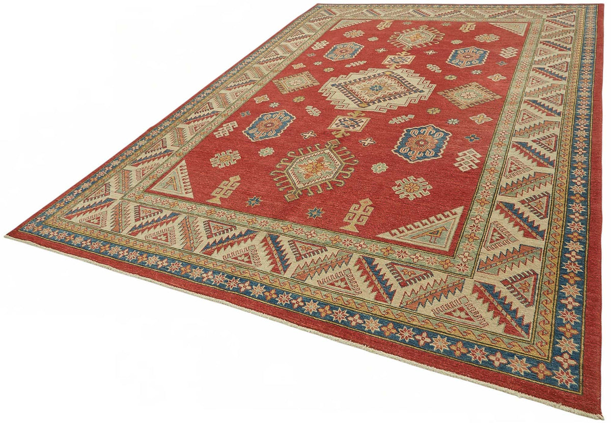 Vamave Kırmızı Bej Geometrik Desenli Uşak El Dokuma Halı 257x366 cm – doku yakın çekim