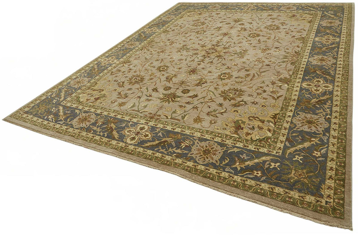 Vamave Bej Mavi Çiçek Desenli Uşak El Dokuma Halı 275x364 cm – doku yakın çekim
