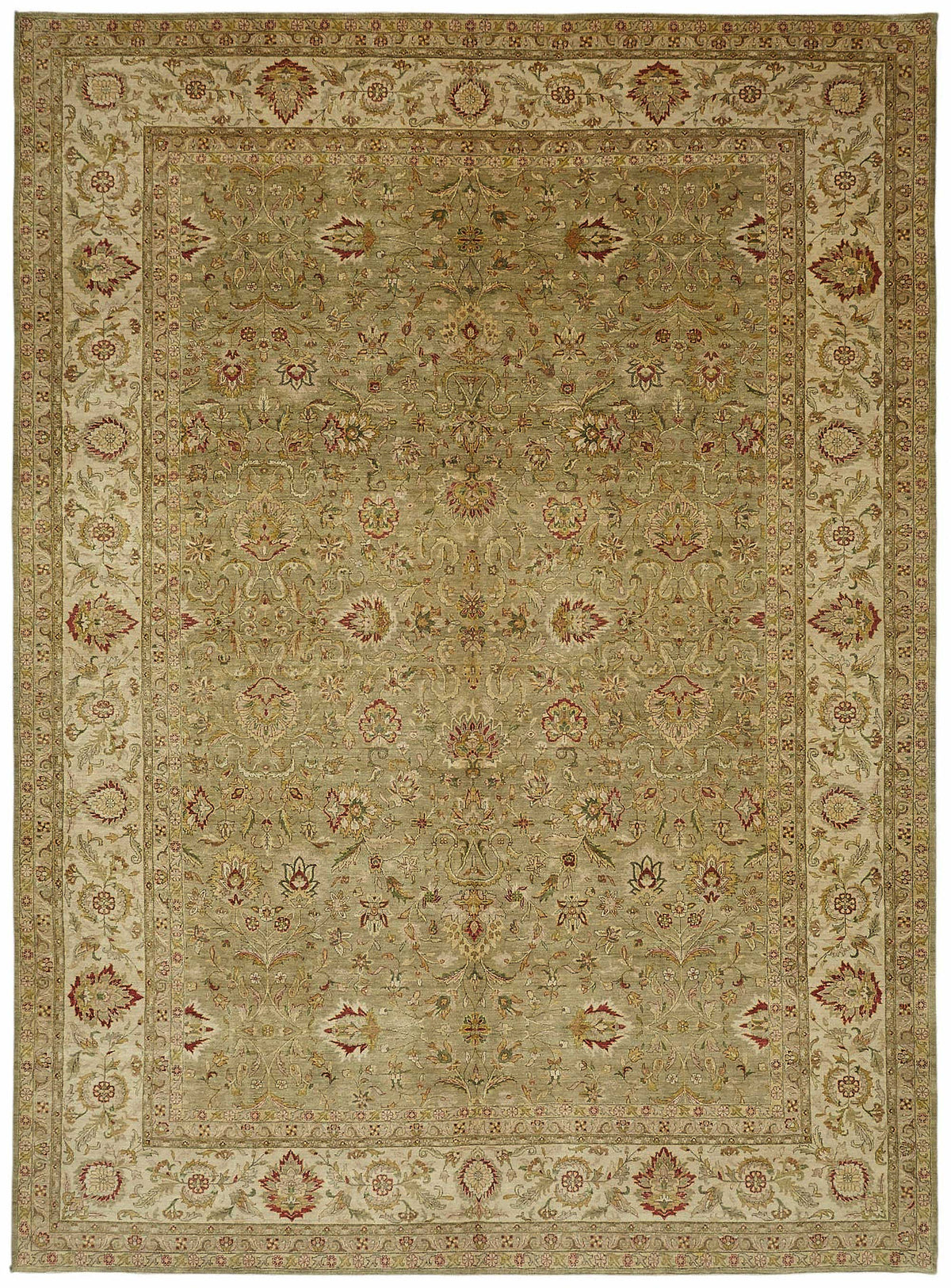 Vamave Çiçek Desenli Bej ve Yeşil Uşak Halısı 300x406 cm 49197
