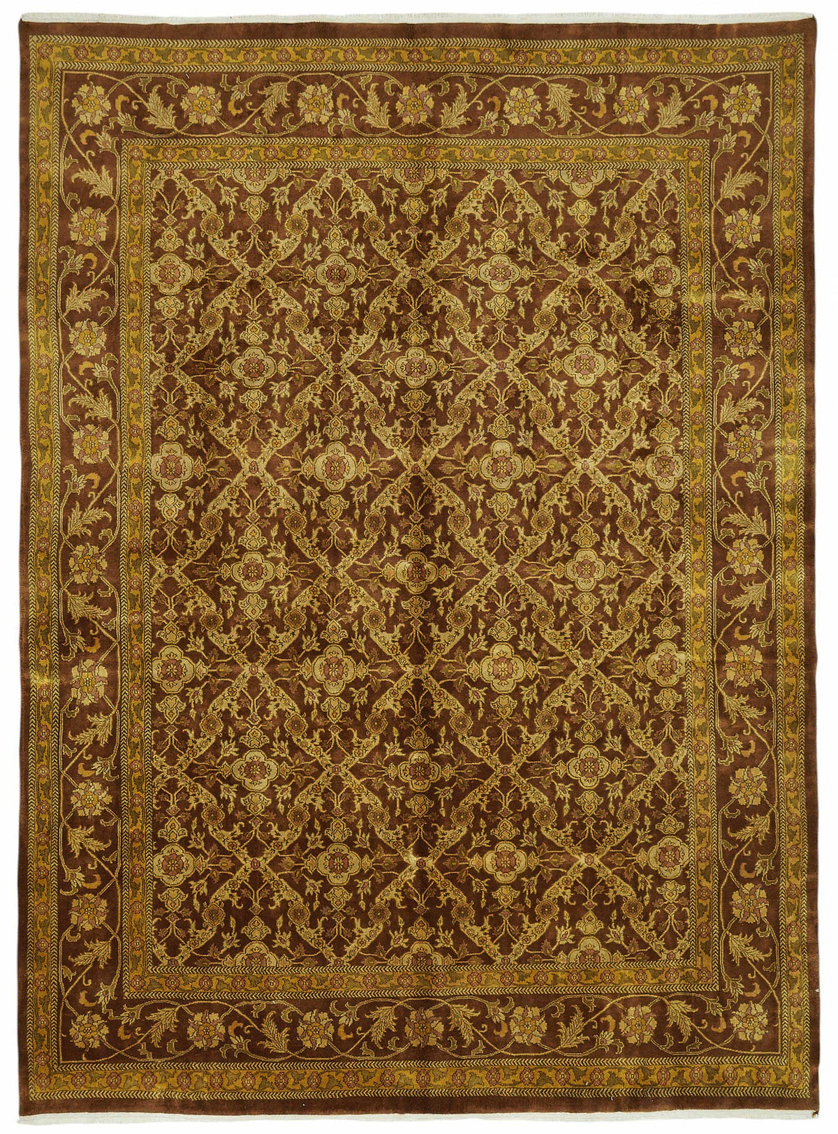 Vamave Kahverengi Altın Çiçek Desenli Uşak El Dokuma Halı 257x360 cm