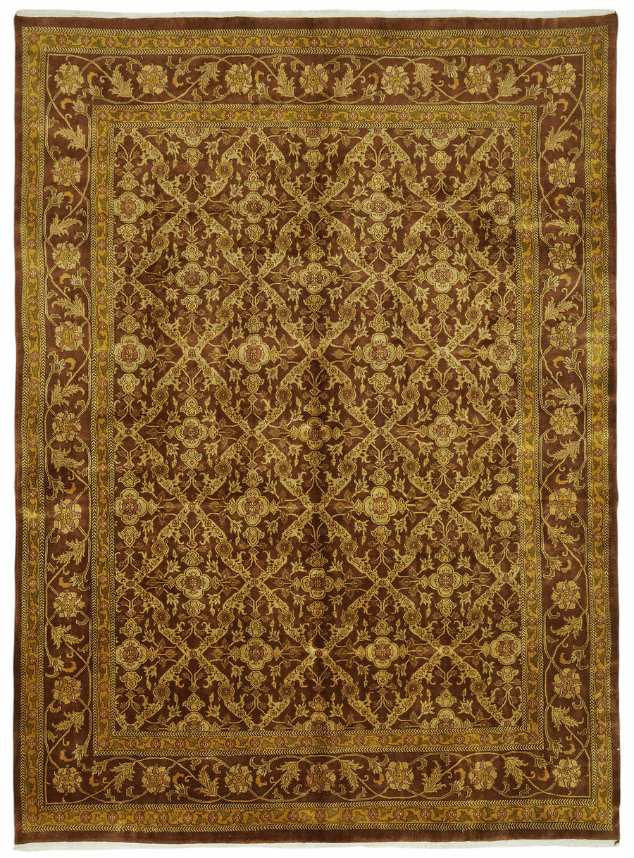 Vamave Kahverengi Altın Çiçek Desenli Uşak El Dokuma Halı 257x360 cm