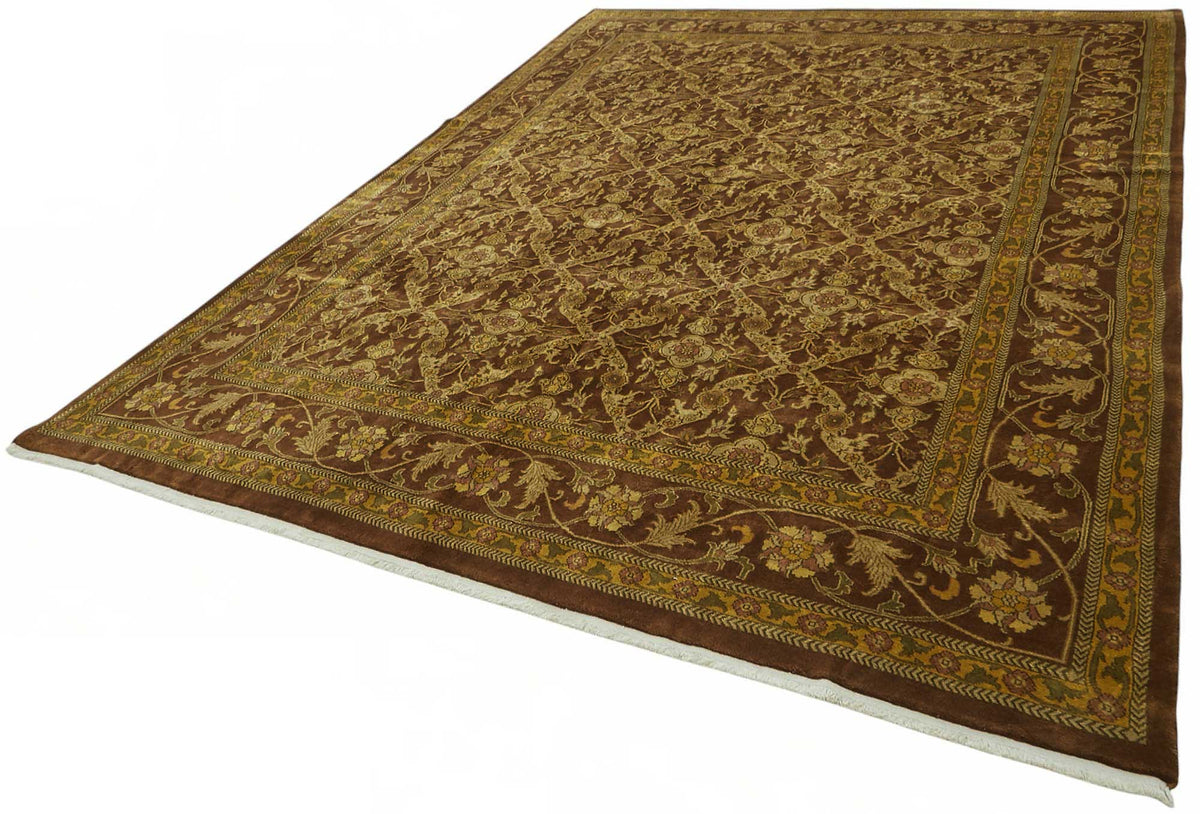Vamave Kahverengi Altın Çiçek Desenli Uşak El Dokuma Halı 257x360 cm – doku yakın çekim
