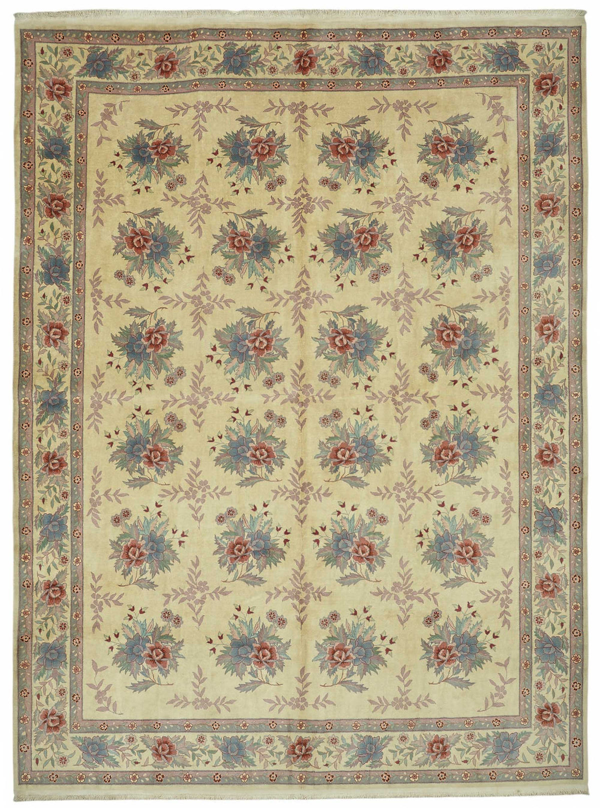 Vamave Bej Zeminli Mavi Çiçekli Düz Mavi Halı 274x366 cm 49206