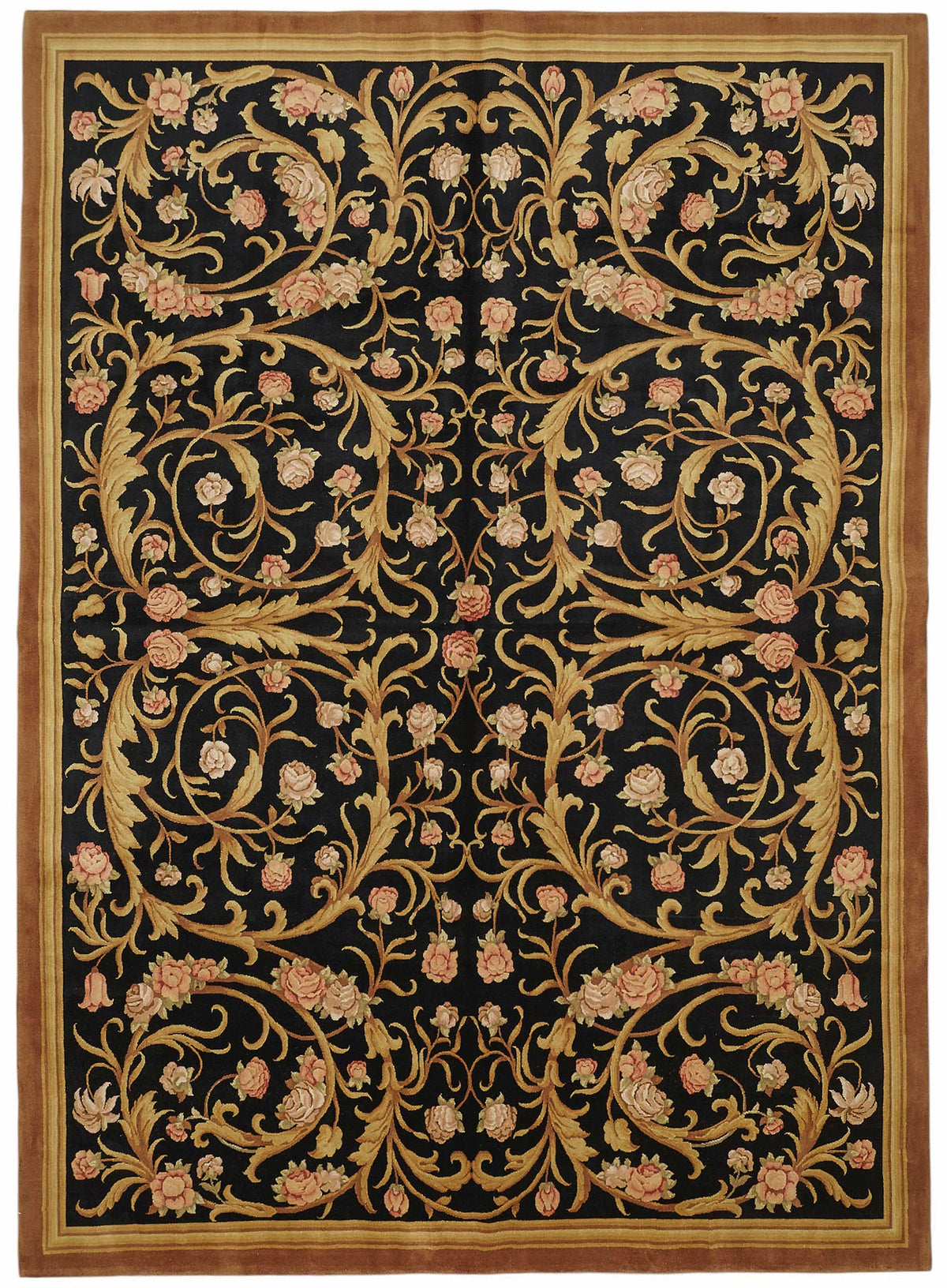 Vamave Siyah Bej Çiçek Desenli Klasik Uşak El Dokuma Halı 274x375 cm