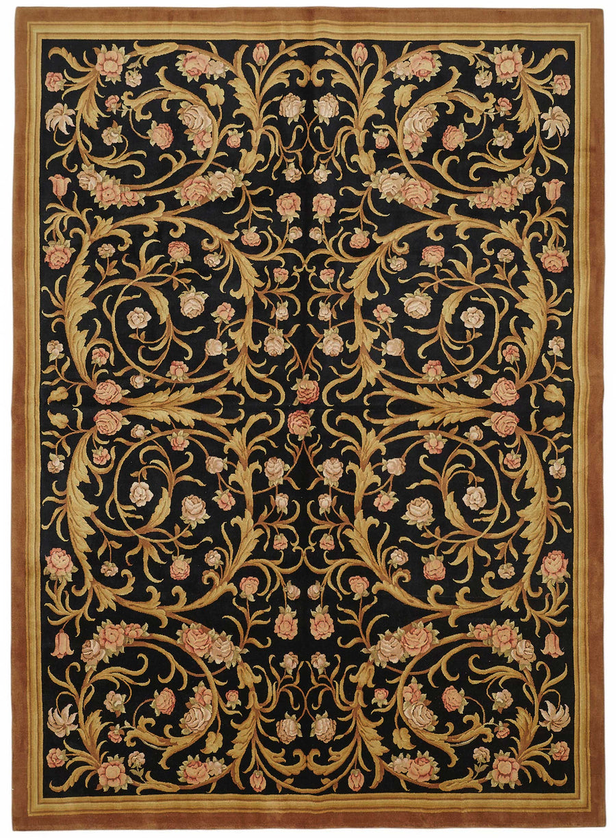 Vamave Siyah Bej Çiçek Desenli Klasik Uşak El Dokuma Halı 274x375 cm