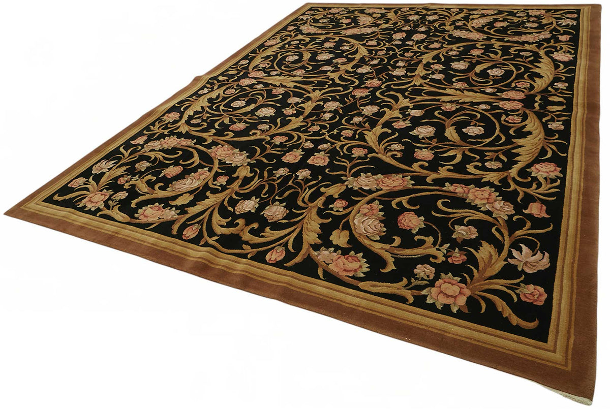 Vamave Siyah Bej Çiçek Desenli Klasik Uşak El Dokuma Halı 274x375 cm – doku yakın çekim