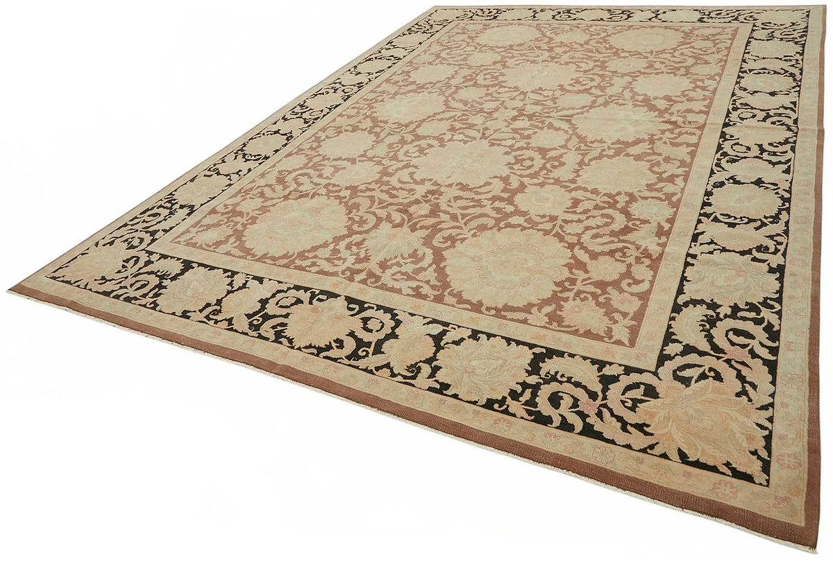 Vamave Vintage Uşak Halısı Kahverengi Bej Çiçekli El Dokuma Halı 303x423 cm – doku yakın çekim