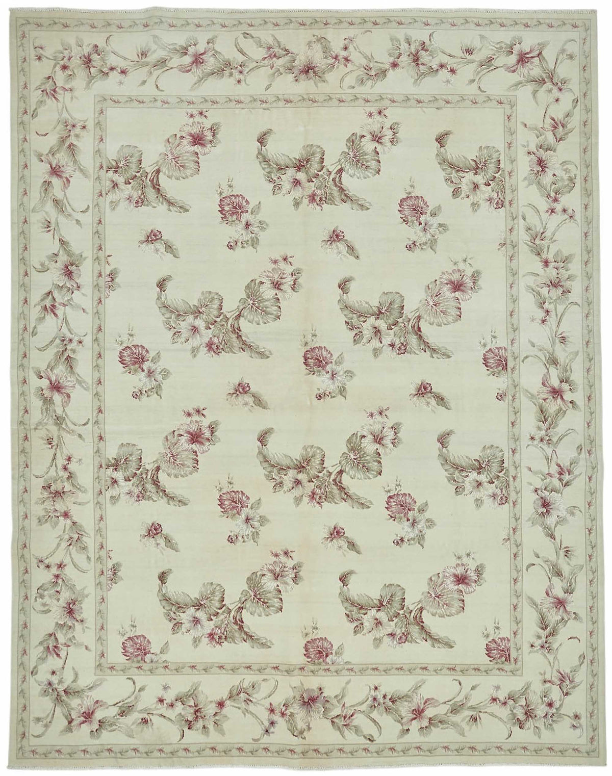 Rusvo Çiçek Desenli Krem Gül Kurusu Vintage El Dokuma Halı 237x301 cm
