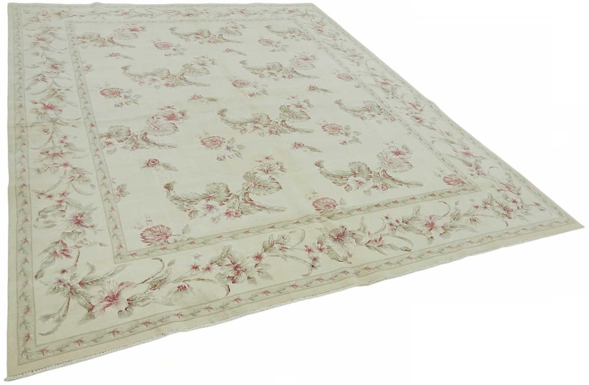 Rusvo Çiçek Desenli Krem Gül Kurusu Vintage El Dokuma Halı 237x301 cm – genel görünüm
