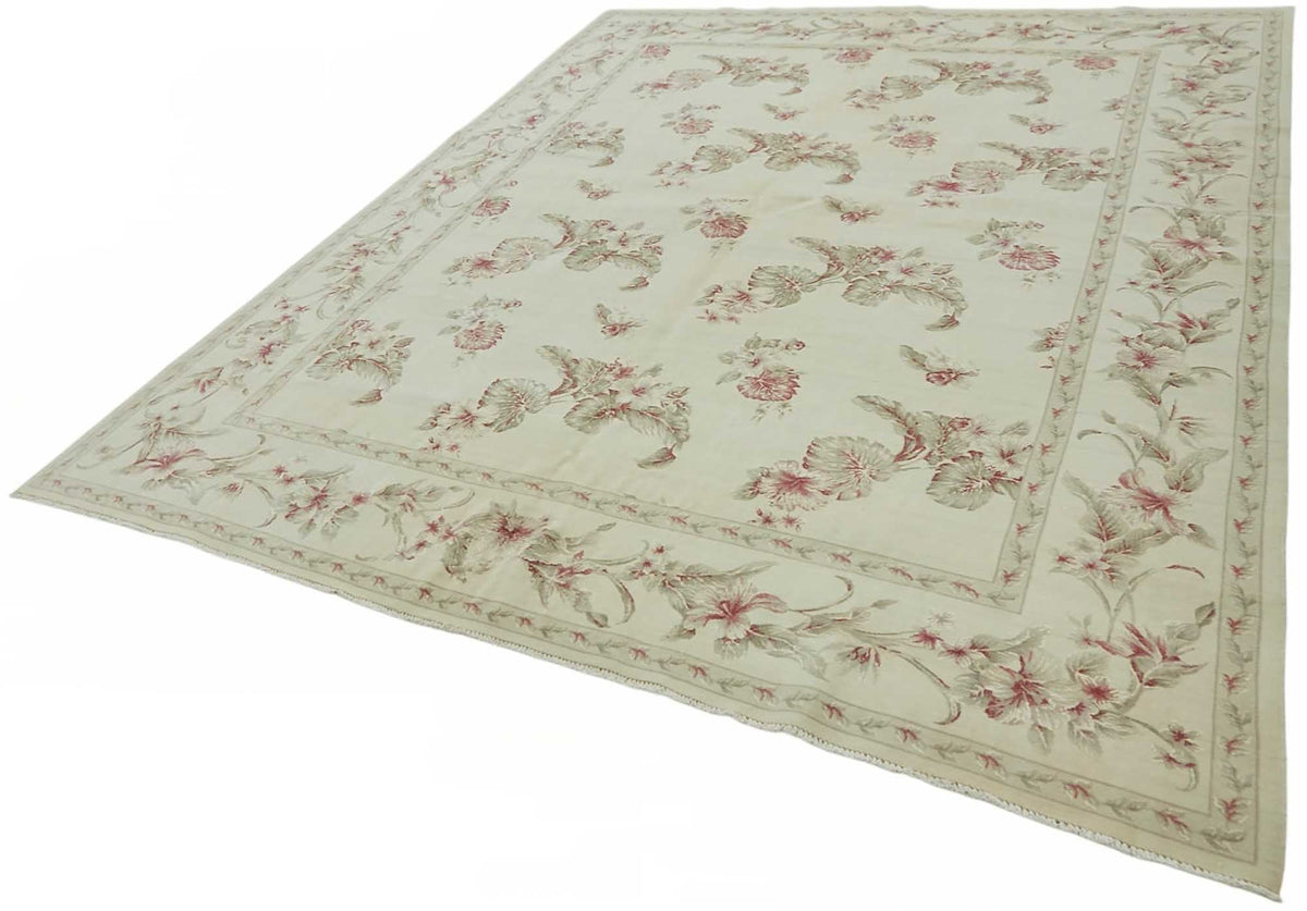 Rusvo Çiçek Desenli Krem Gül Kurusu Vintage El Dokuma Halı 237x301 cm – doku yakın çekim