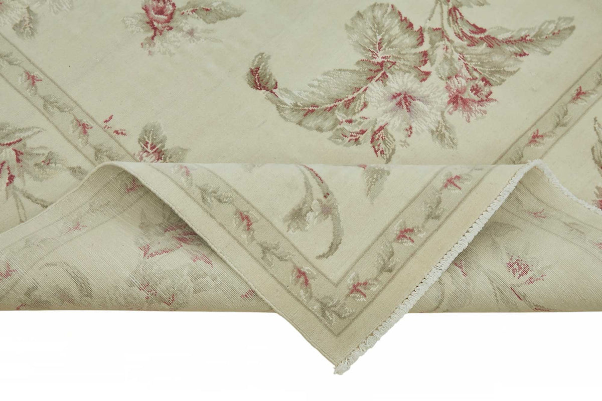 Rusvo Çiçek Desenli Krem Gül Kurusu Vintage El Dokuma Halı 237x301 cm – kenar detayı