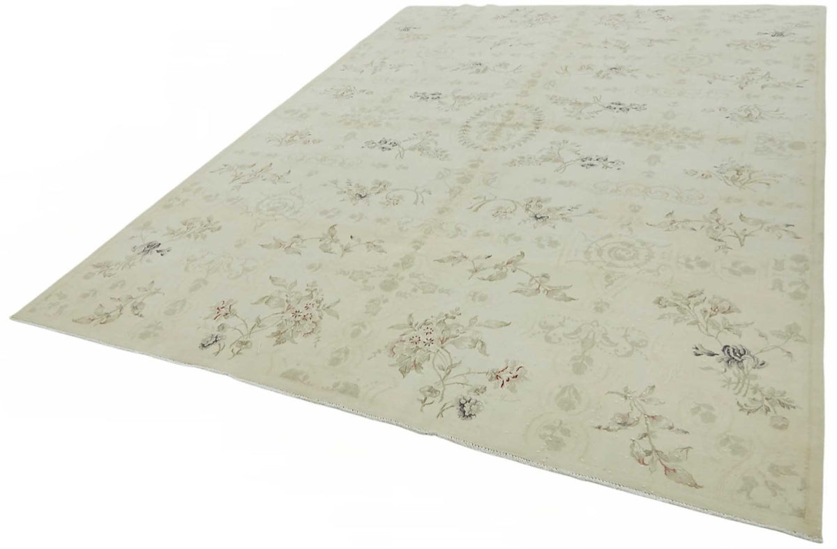 Rusvo Krem Bej Halı: Çiçek Desenli Vintage El Dokuma 258x358 cm 49219 – doku yakın çekim