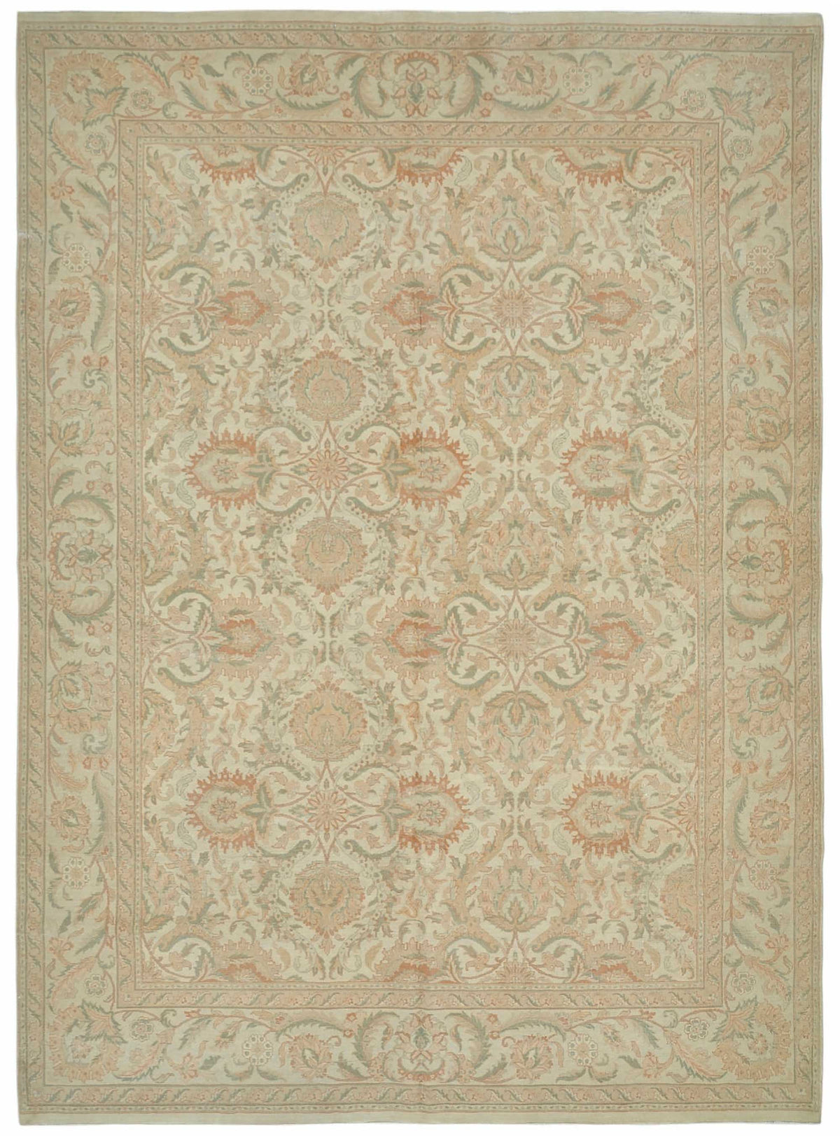 Rusvo Bej Yeşil Çiçekli Vintage Yün El Dokuma Halı 303x426 cm