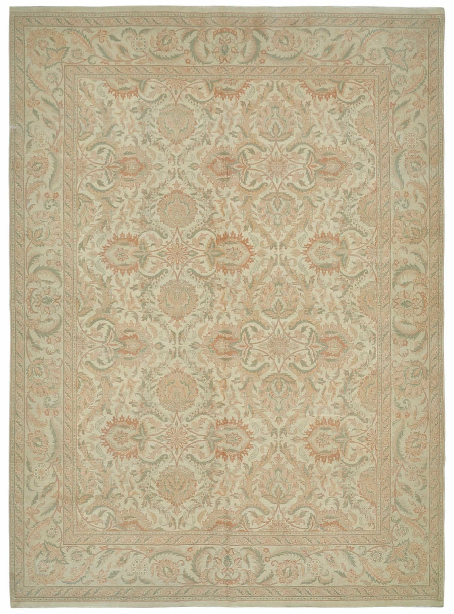 Rusvo Bej Yeşil Çiçekli Vintage Yün El Dokuma Halı 303x426 cm