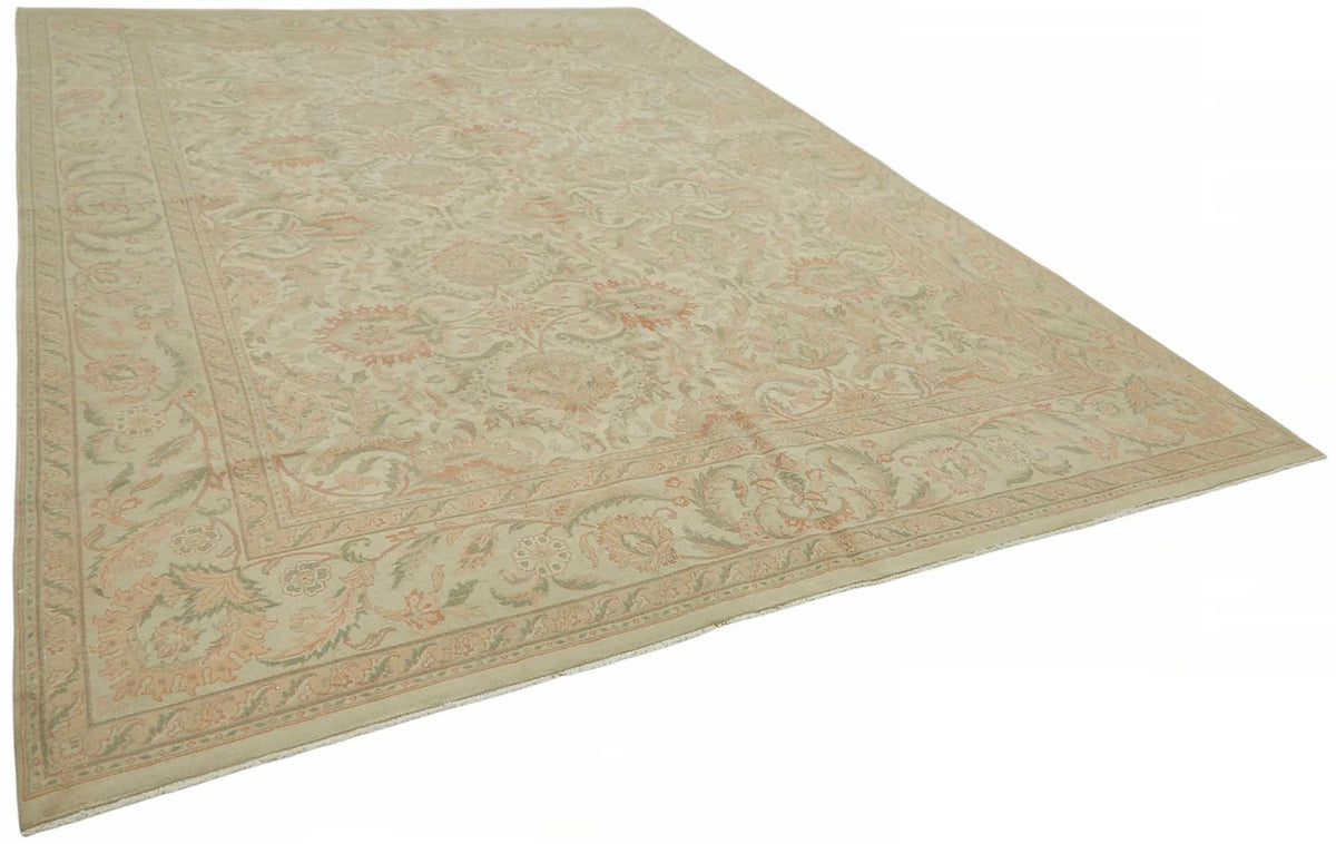 Rusvo Bej Yeşil Çiçekli Vintage Yün El Dokuma Halı 303x426 cm – genel görünüm