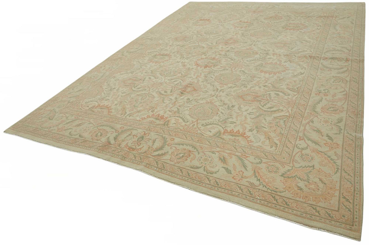 Rusvo Bej Yeşil Çiçekli Vintage Yün El Dokuma Halı 303x426 cm – doku yakın çekim