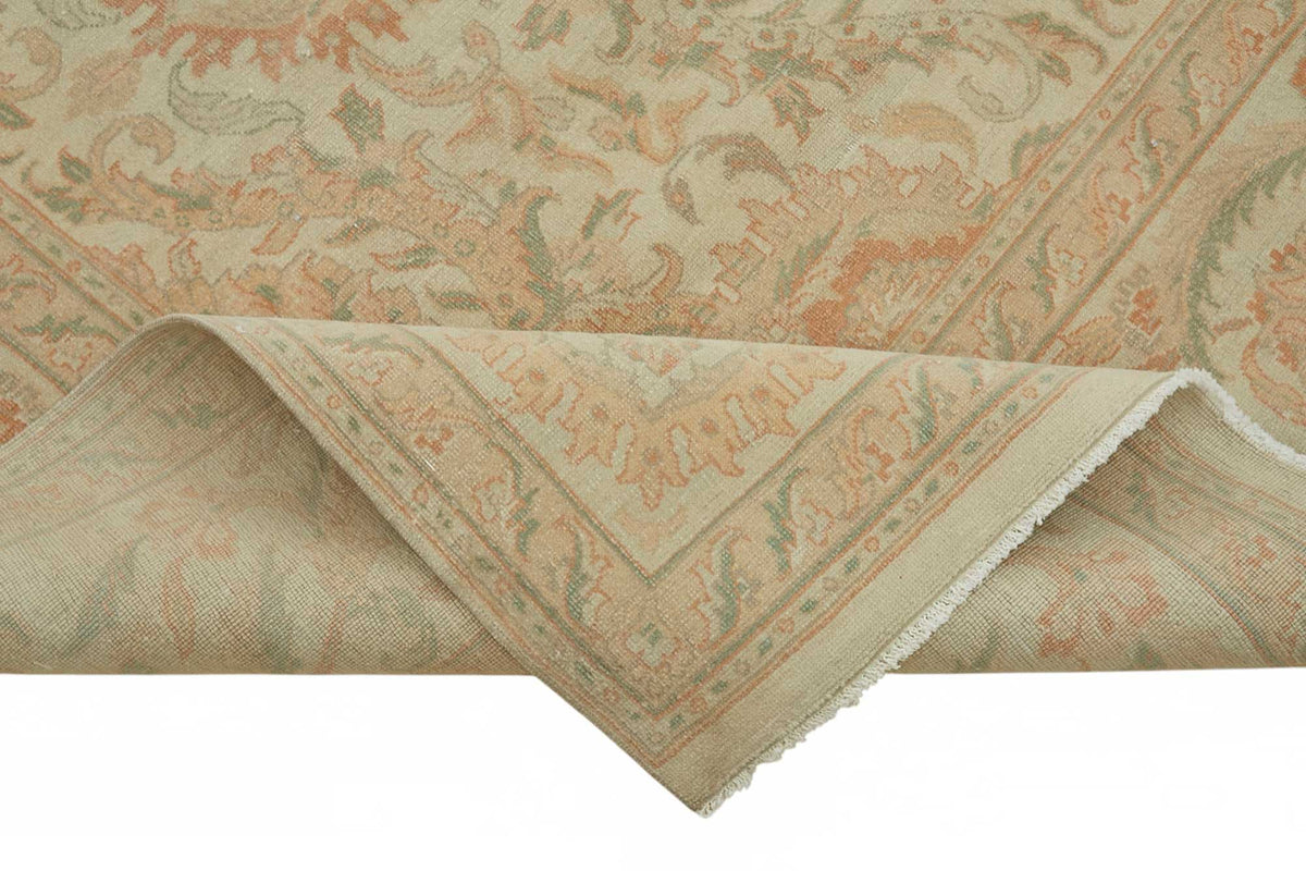 Rusvo Bej Yeşil Çiçekli Vintage Yün El Dokuma Halı 303x426 cm – kenar detayı