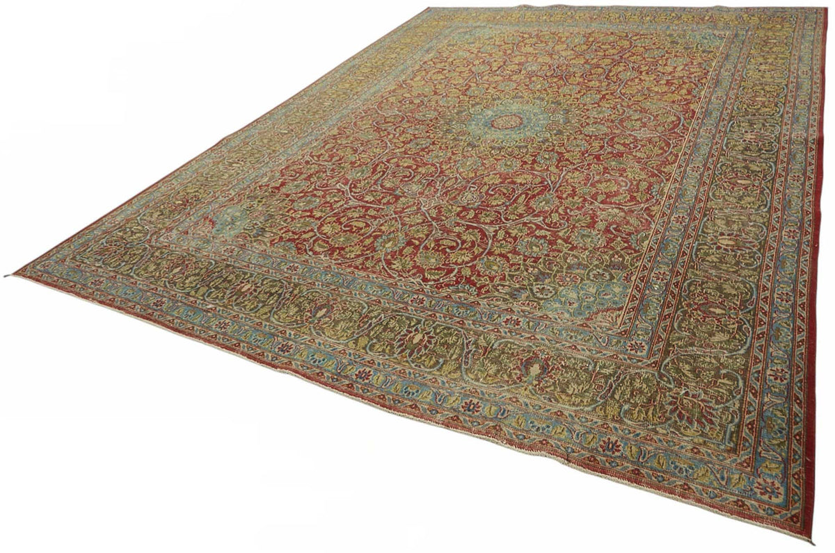 Rusvo Çiçek Desenli Kırmızı Vintage El Dokuma Halı 290x384 cm – doku yakın çekim