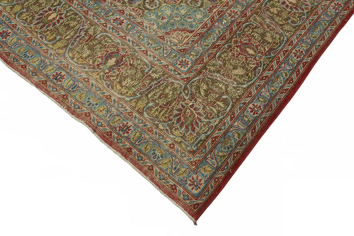Rusvo Çiçek Desenli Kırmızı Vintage El Dokuma Halı 290x384 cm – detay görünümü