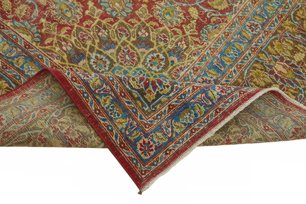 Rusvo Çiçek Desenli Kırmızı Vintage El Dokuma Halı 290x384 cm – kenar detayı