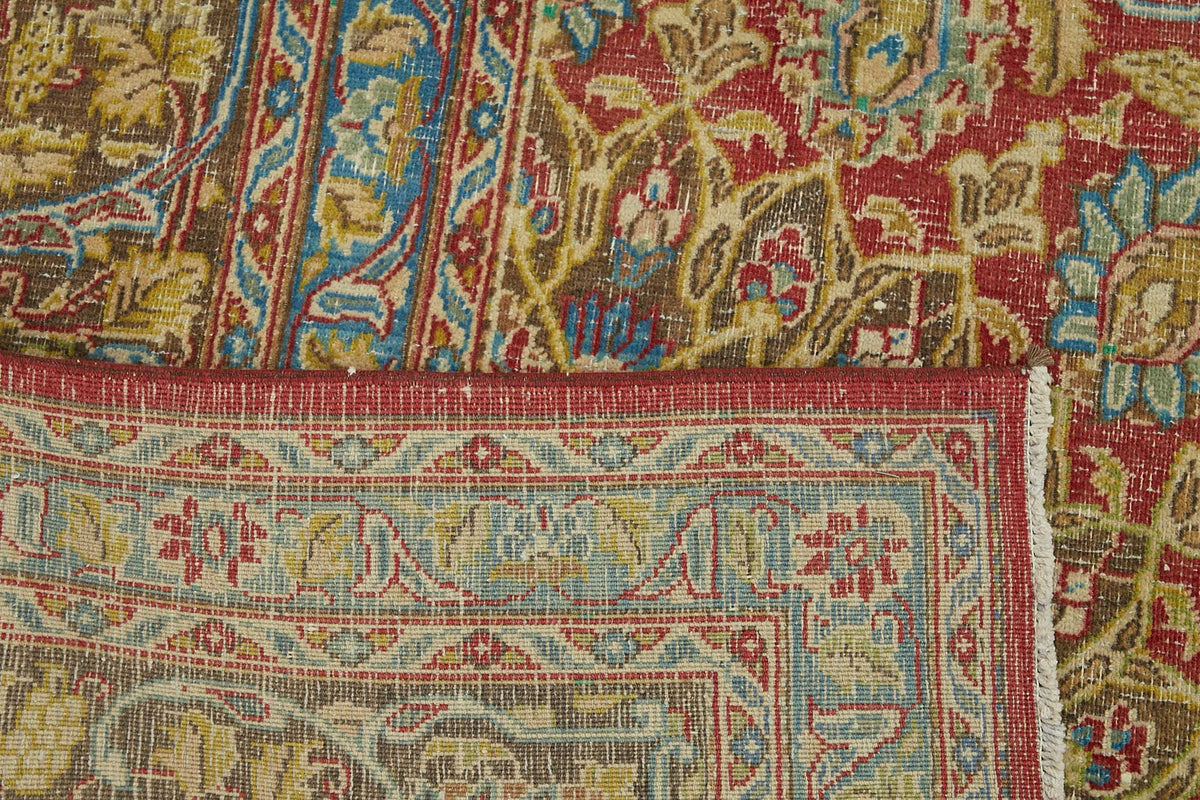 Rusvo Çiçek Desenli Kırmızı Vintage El Dokuma Halı 290x384 cm – arka yüz görünümü