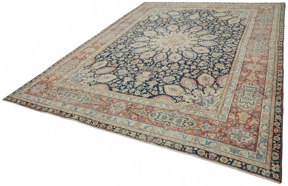 Rusvo Lacivert Kırmızı Madalyon Desenli Yün Halı 287x377 cm – doku yakın çekim