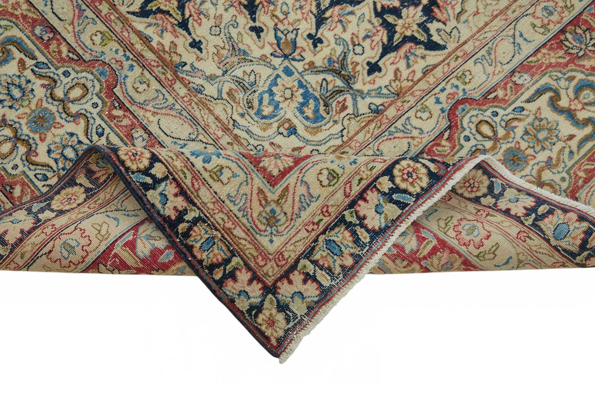 Rusvo Lacivert Kırmızı Madalyon Desenli Yün Halı 287x377 cm – kenar detayı