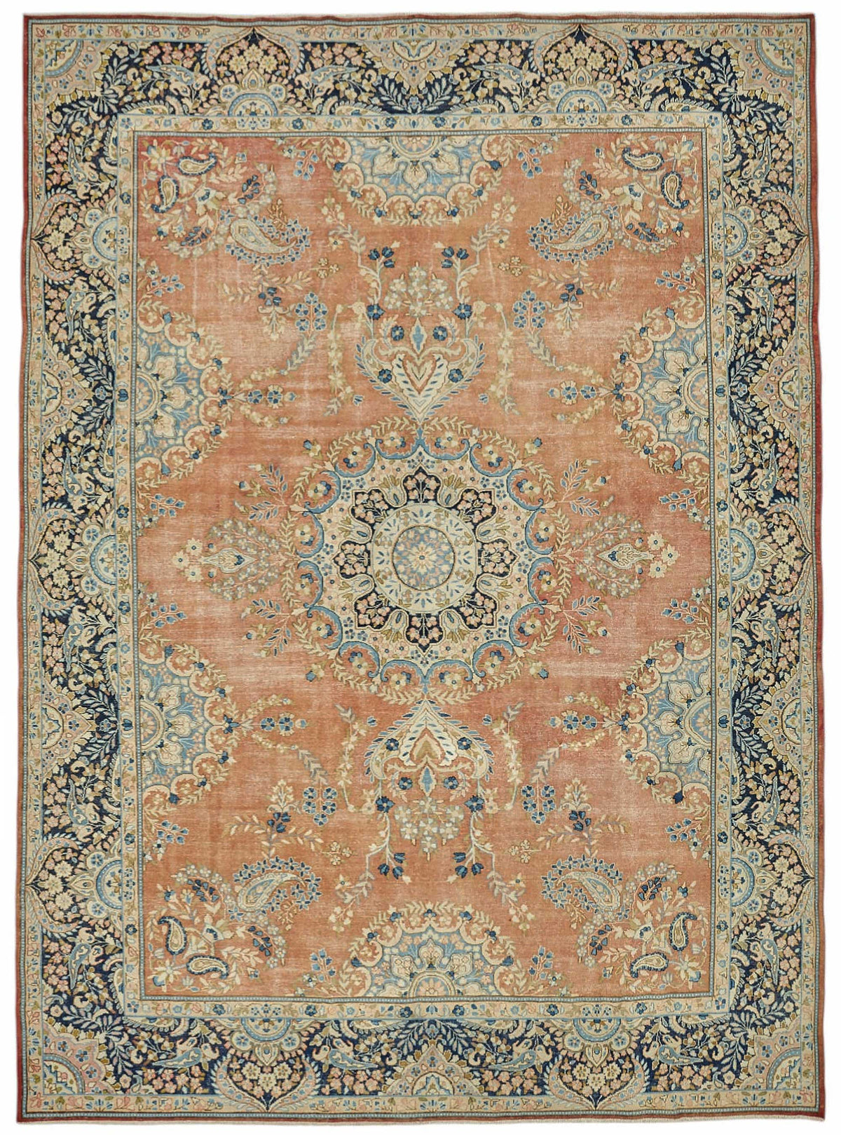 Rusvo Vintage Turuncu ve Lacivert Madalyon Desenli El Dokuma Halı 278x396 cm