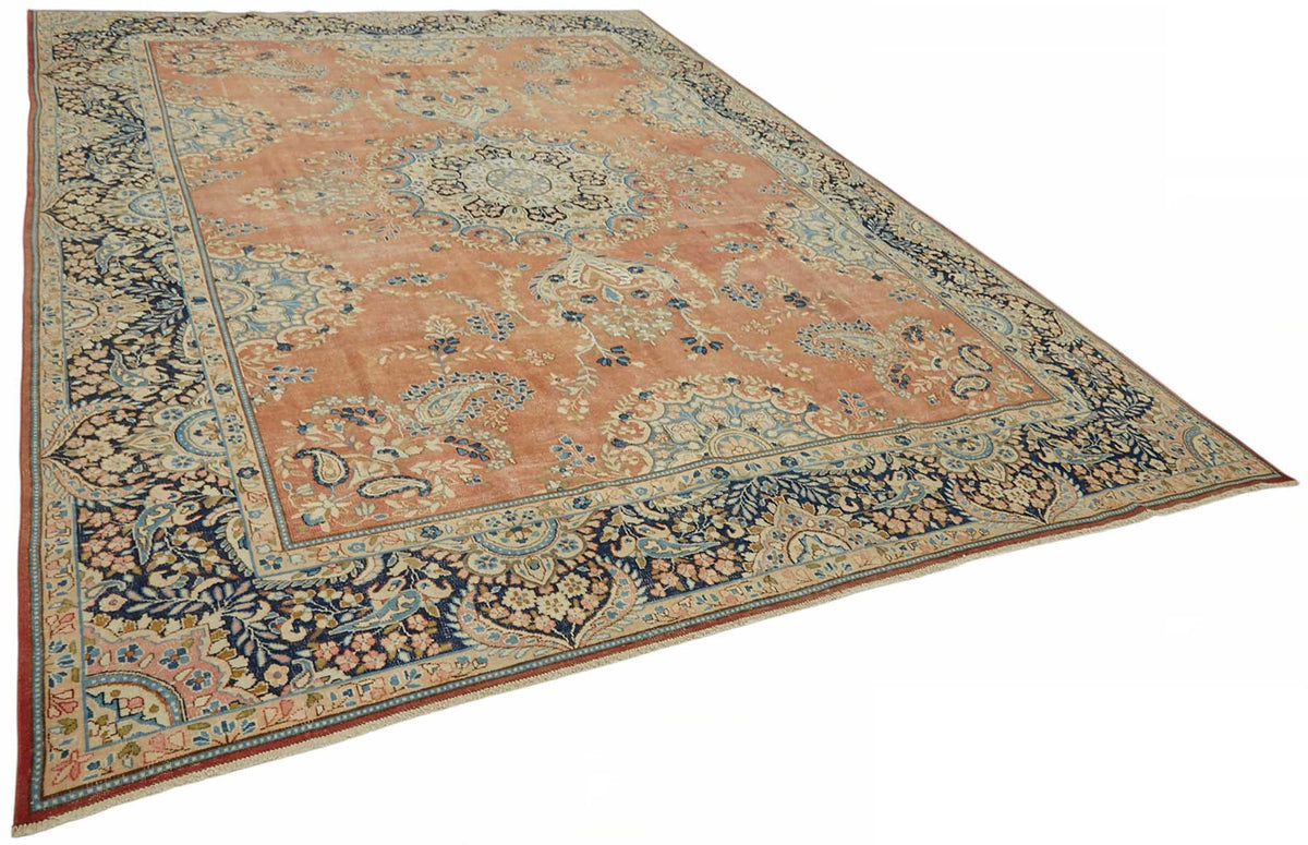 Rusvo Vintage Turuncu ve Lacivert Madalyon Desenli El Dokuma Halı 278x396 cm – genel görünüm