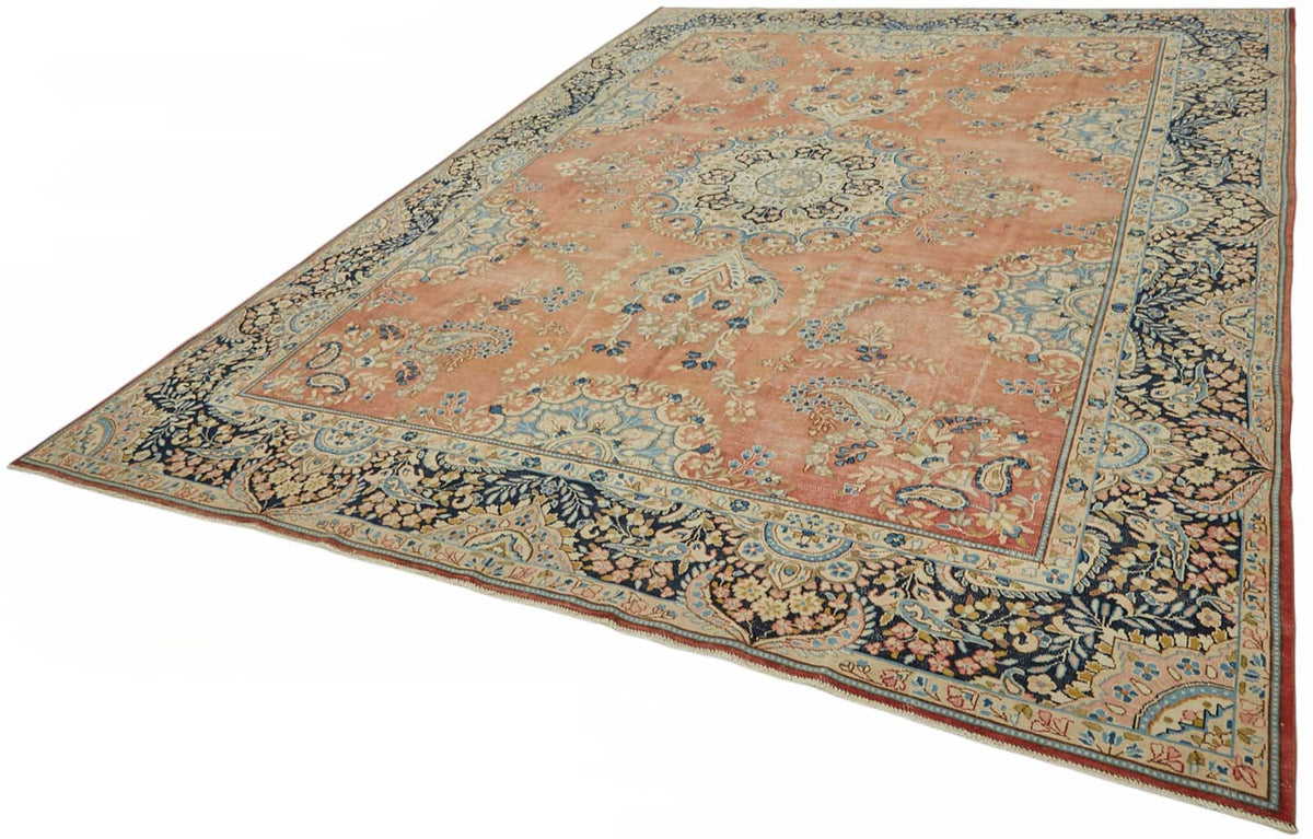Rusvo Vintage Turuncu ve Lacivert Madalyon Desenli El Dokuma Halı 278x396 cm – doku yakın çekim