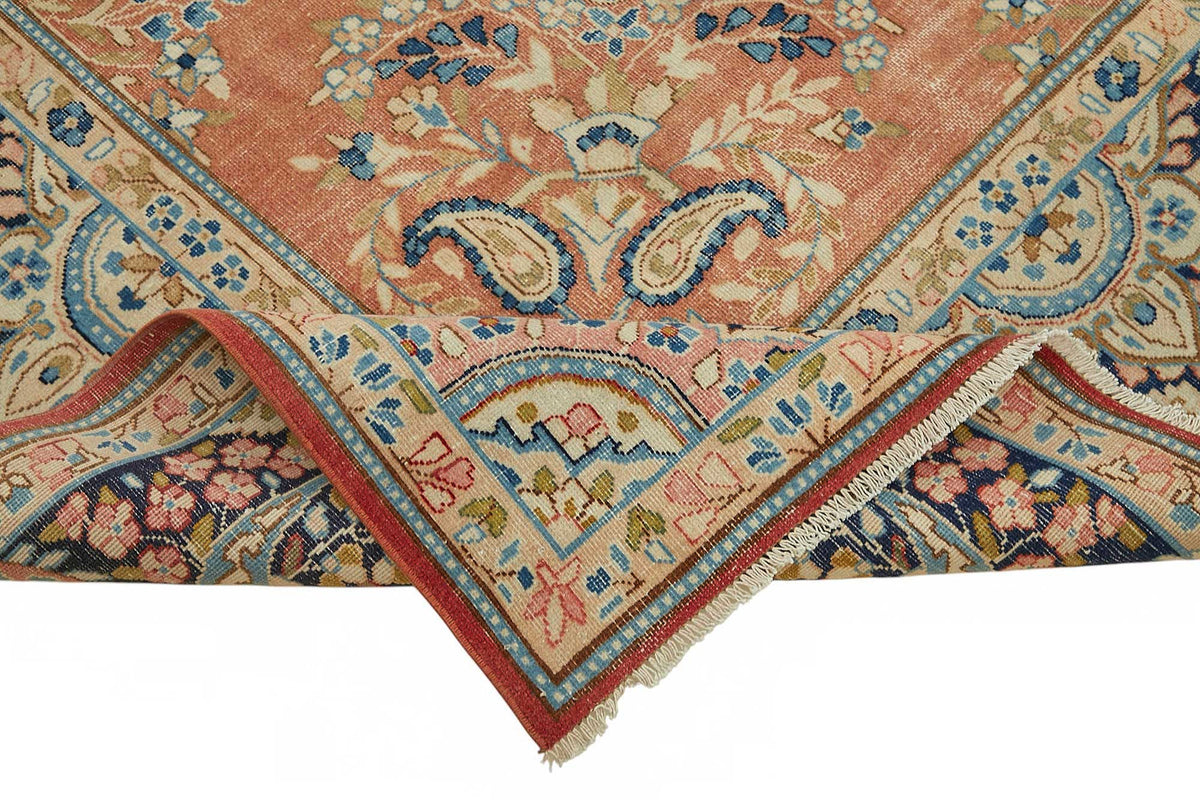 Rusvo Vintage Turuncu ve Lacivert Madalyon Desenli El Dokuma Halı 278x396 cm – kenar detayı