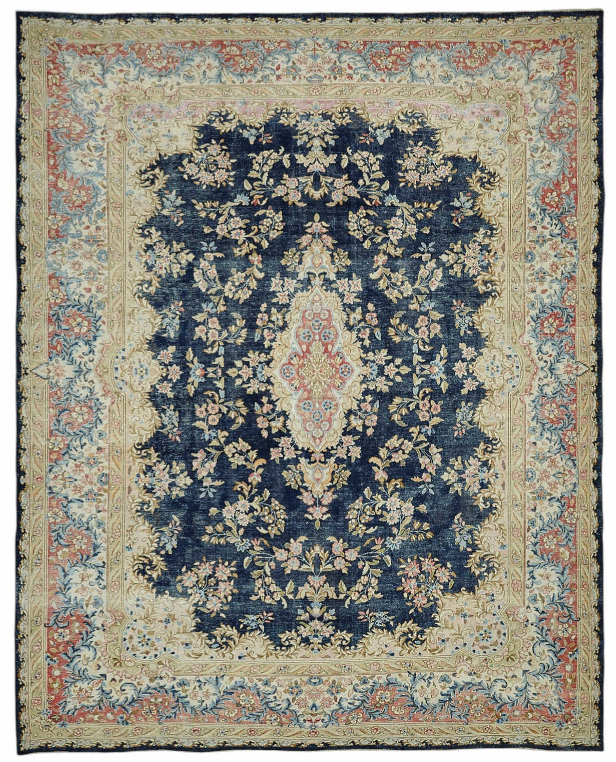 Rusvo Lacivert Bej Halı Vintage Çiçek Desenli 30-70 Yıllık 273x347 cm