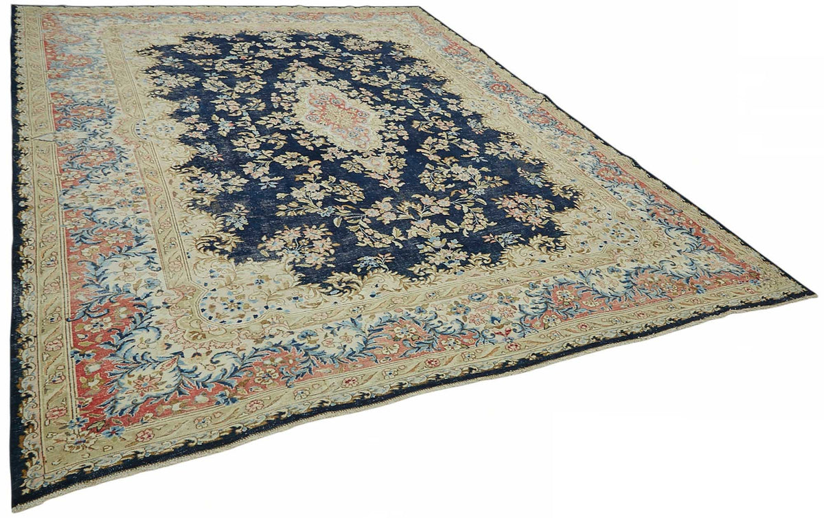 Rusvo Lacivert Bej Halı Vintage Çiçek Desenli 30-70 Yıllık 273x347 cm – genel görünüm