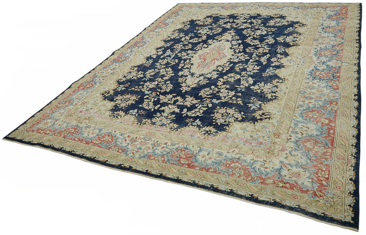 Rusvo Lacivert Bej Halı Vintage Çiçek Desenli 30-70 Yıllık 273x347 cm – doku yakın çekim