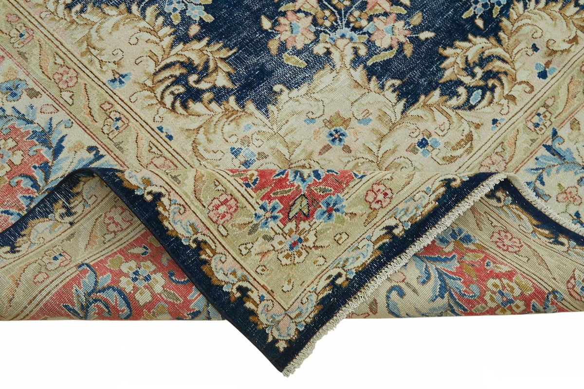 Rusvo Lacivert Bej Halı Vintage Çiçek Desenli 30-70 Yıllık 273x347 cm – kenar detayı