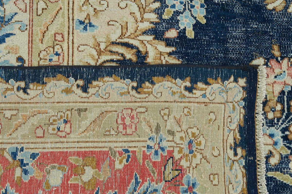Rusvo Lacivert Bej Halı Vintage Çiçek Desenli 30-70 Yıllık 273x347 cm – arka yüz görünümü