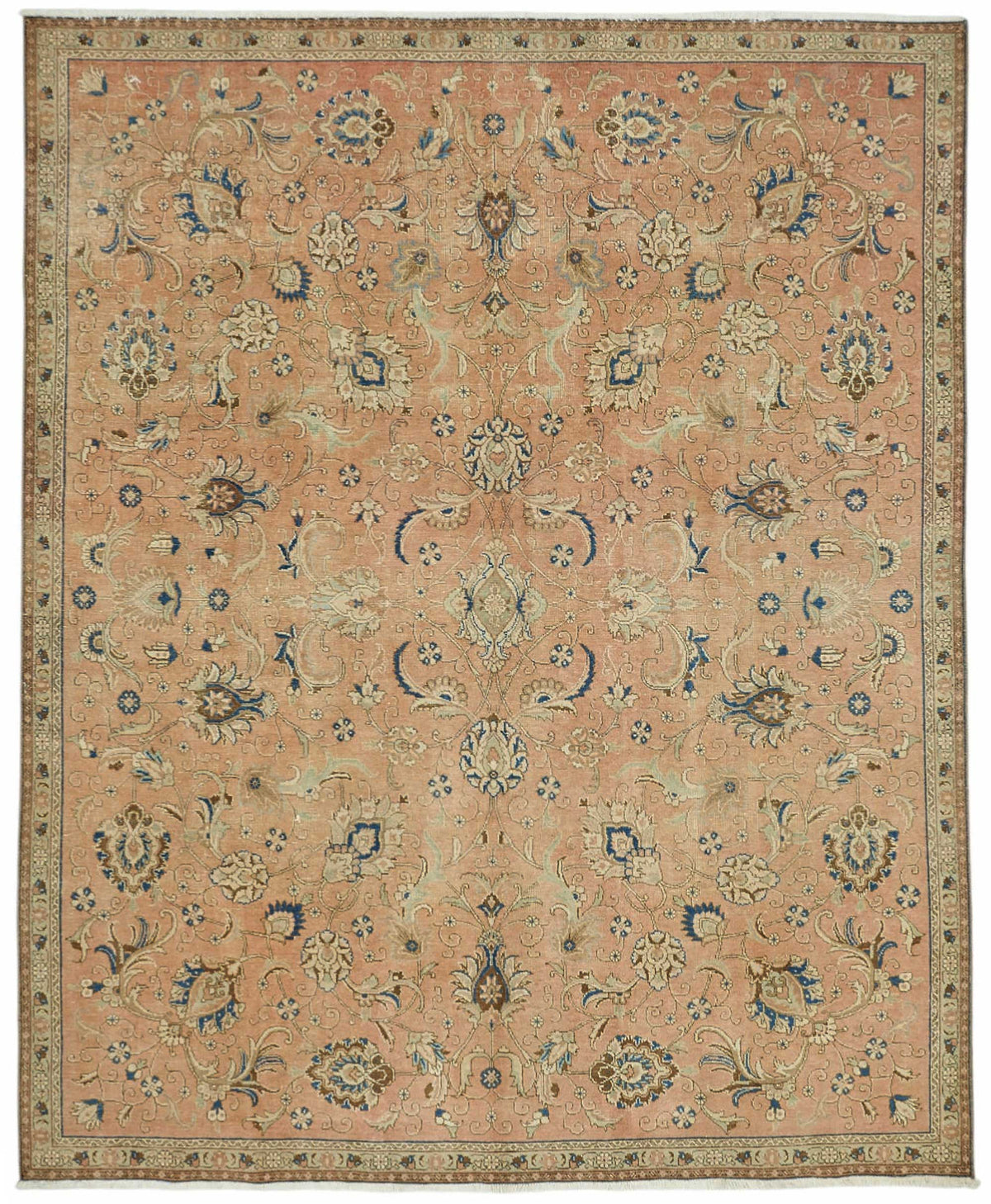 Rusvo Turuncu Çiçek Desenli Pamuk ve Yün Vintage Halı 268x333 cm