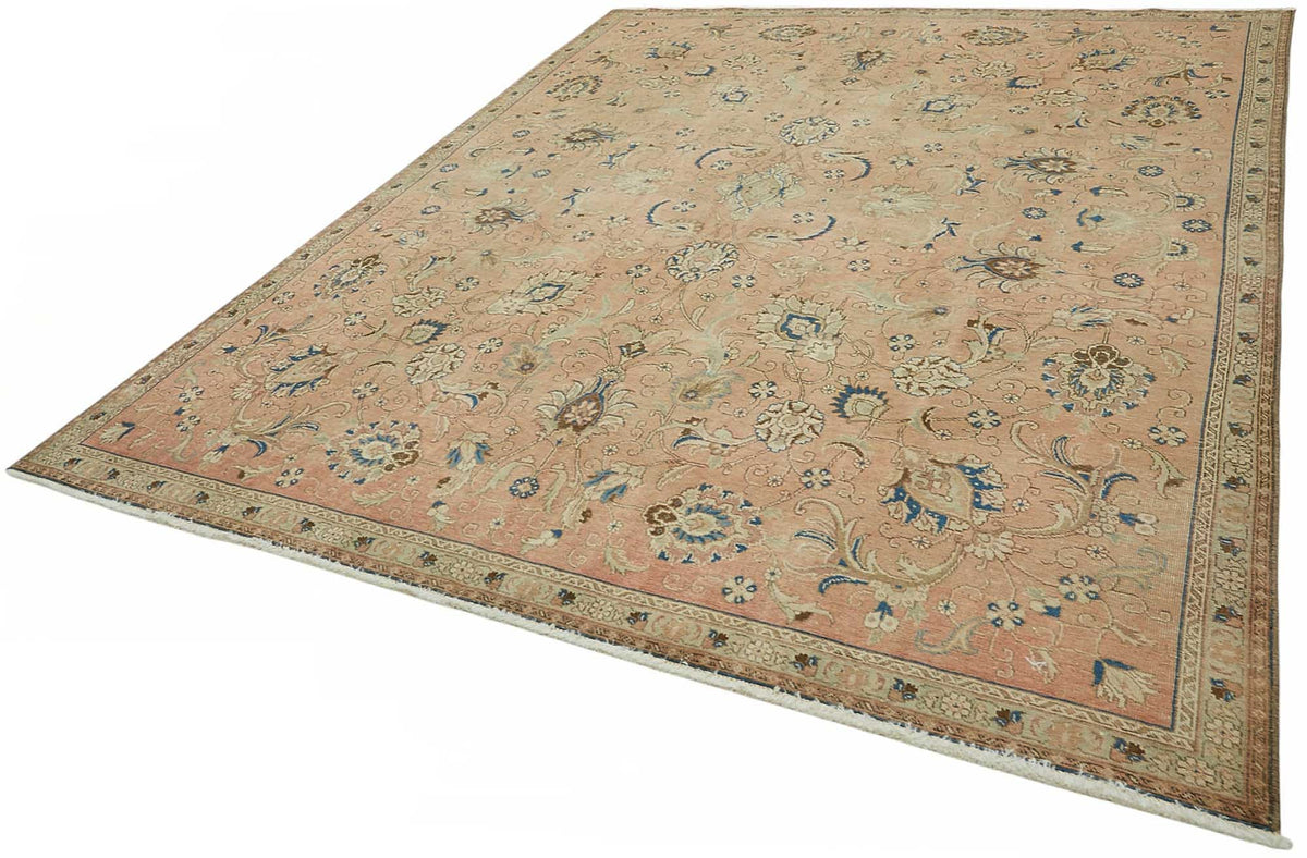 Rusvo Turuncu Çiçek Desenli Pamuk ve Yün Vintage Halı 268x333 cm – doku yakın çekim