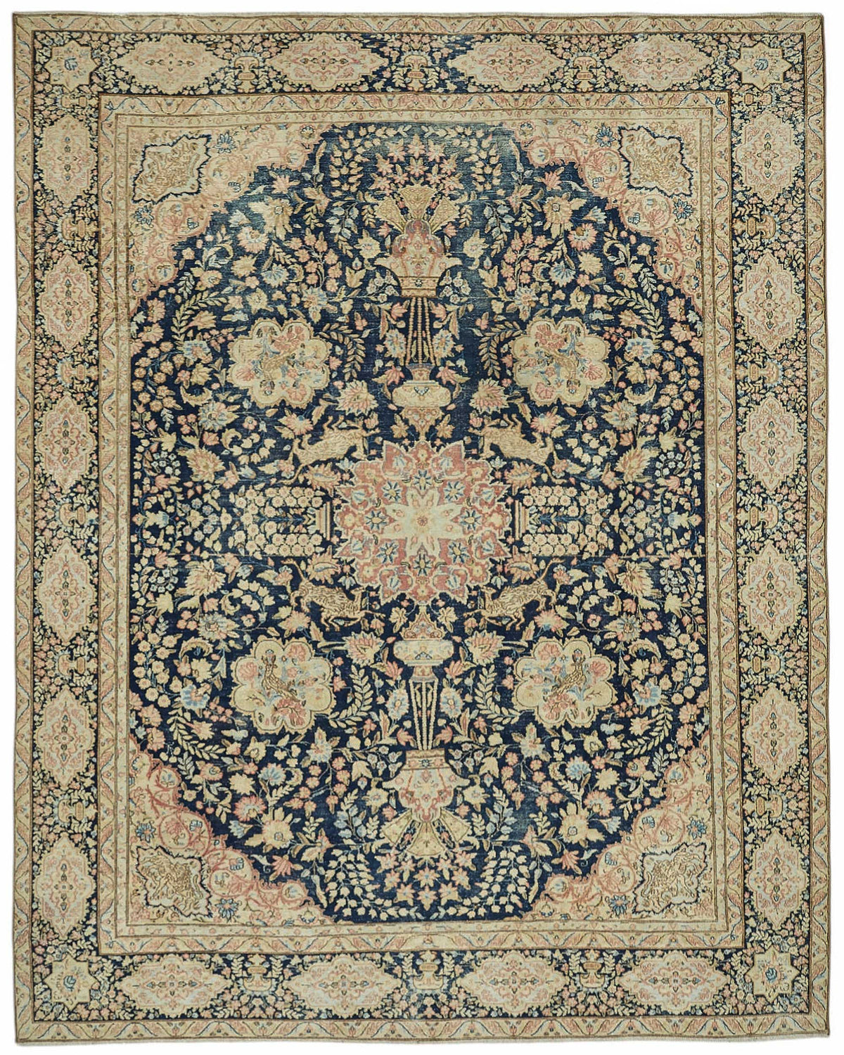 Rusvo Lacivert Bej Halı Çiçek Desenli Vintage Dokuma 276x348 cm