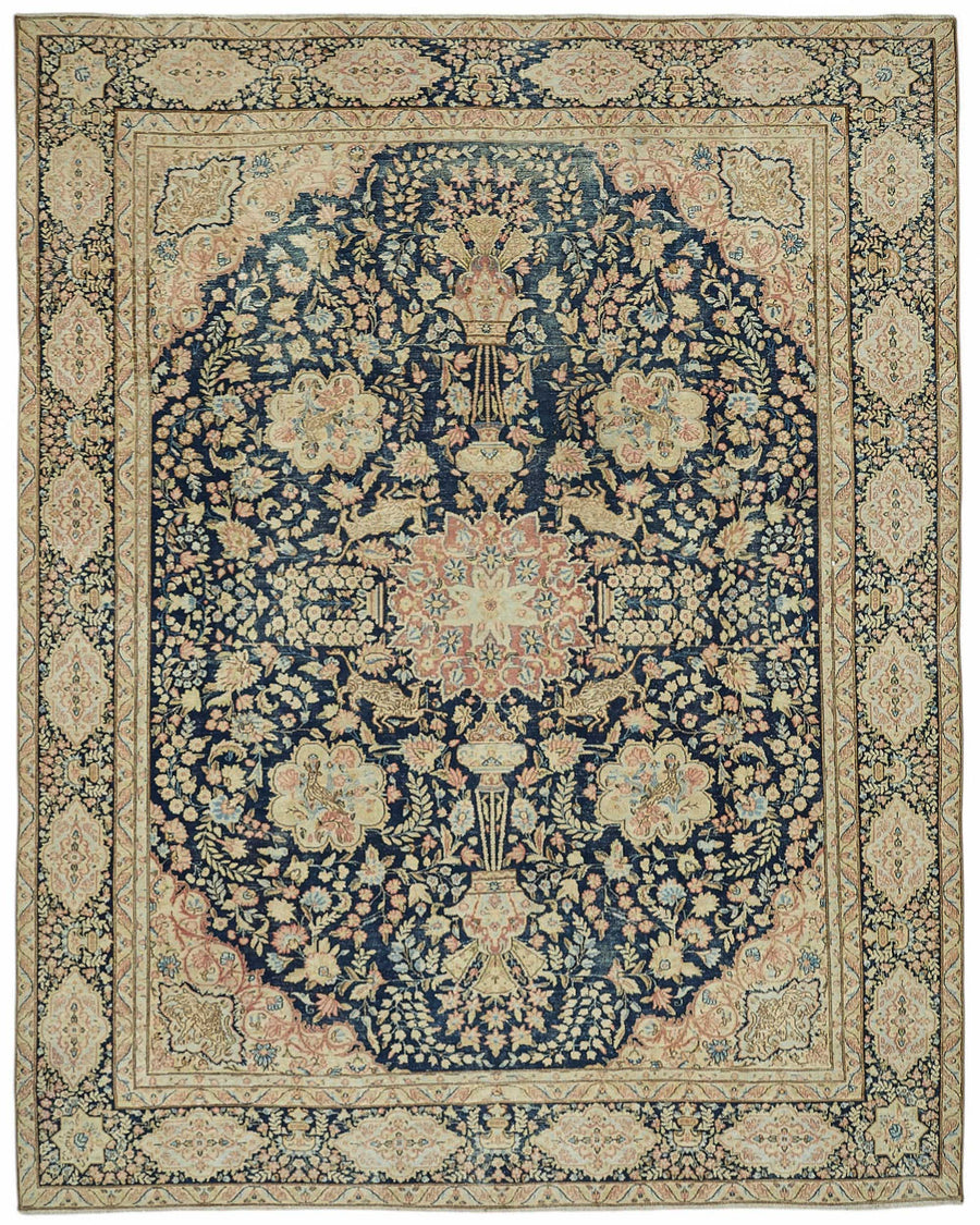 Rusvo Lacivert Bej Halı Çiçek Desenli Vintage Dokuma 276x348 cm