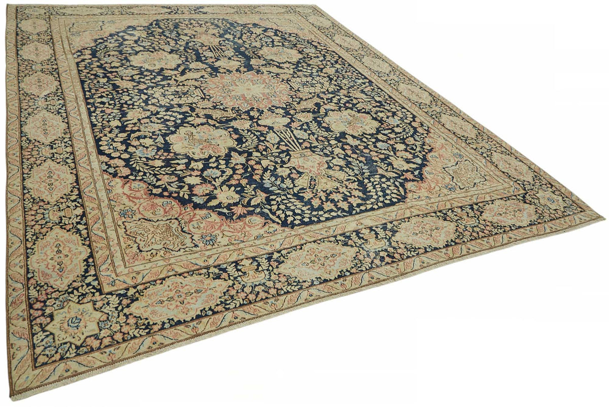 Rusvo Lacivert Bej Halı Çiçek Desenli Vintage Dokuma 276x348 cm – genel görünüm