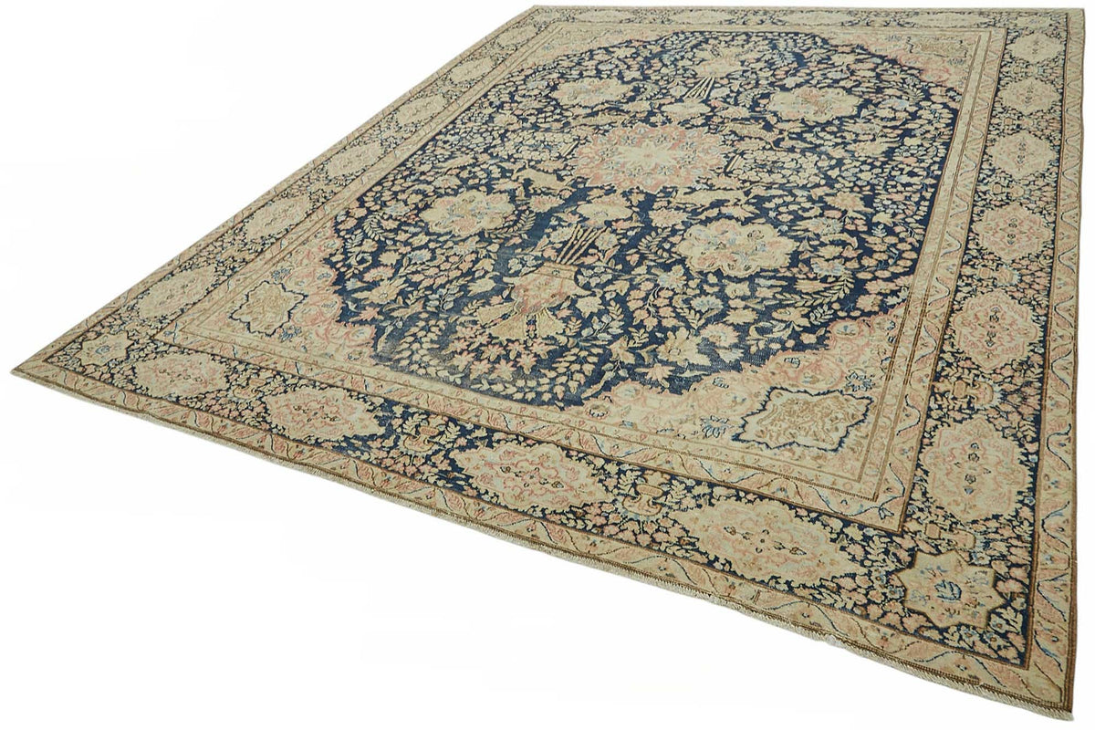 Rusvo Lacivert Bej Halı Çiçek Desenli Vintage Dokuma 276x348 cm – doku yakın çekim